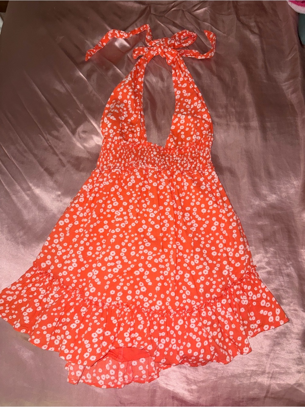 Orange Floral Halter Ruffle Mini Dress